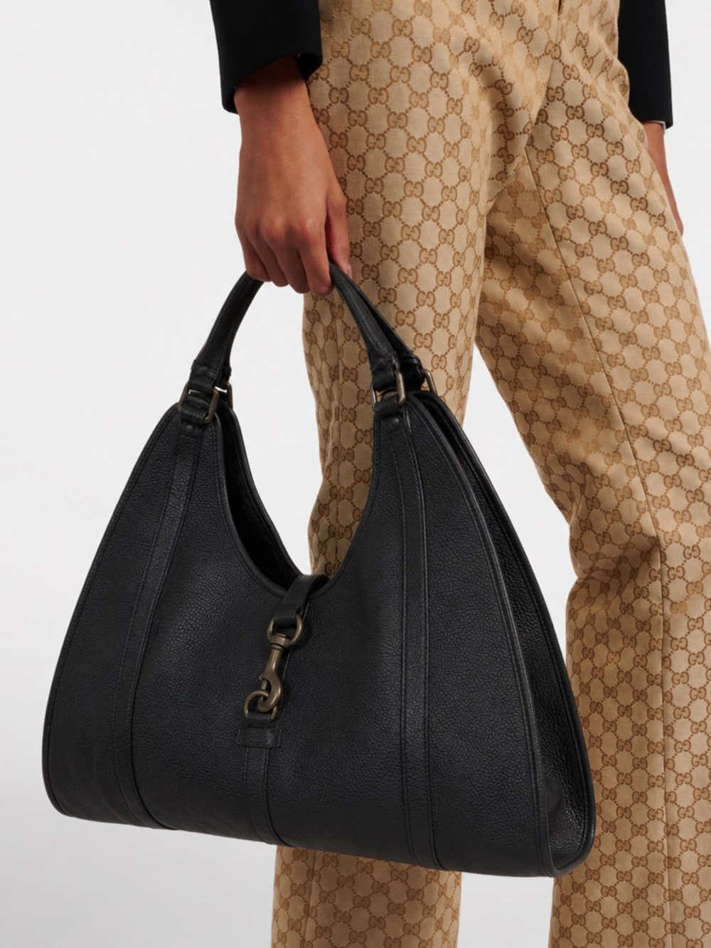 GUCCI Jackie Bardot Joy Black Grained Leather Hobo Shoulder Bag
